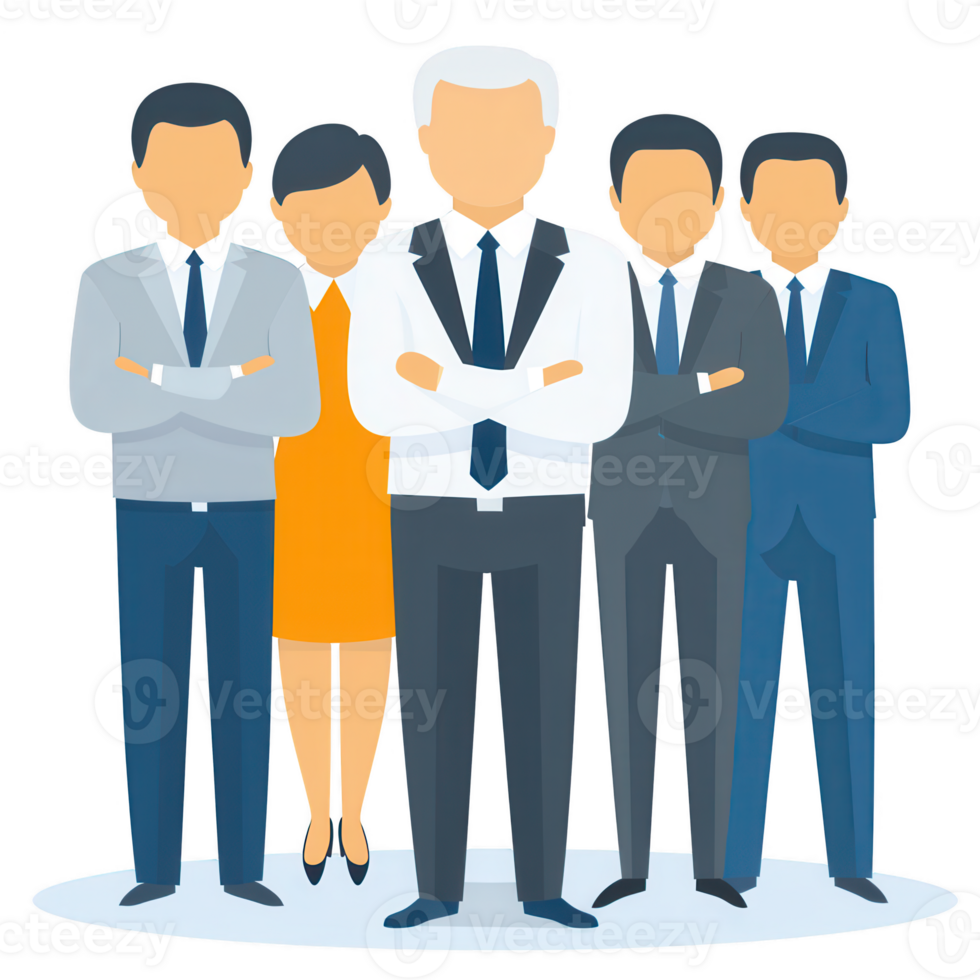 A group of five diverse business people standing together, confidently presenting a united front. Each dressed in formal attire, symbolizing teamwork and professionalism. png
