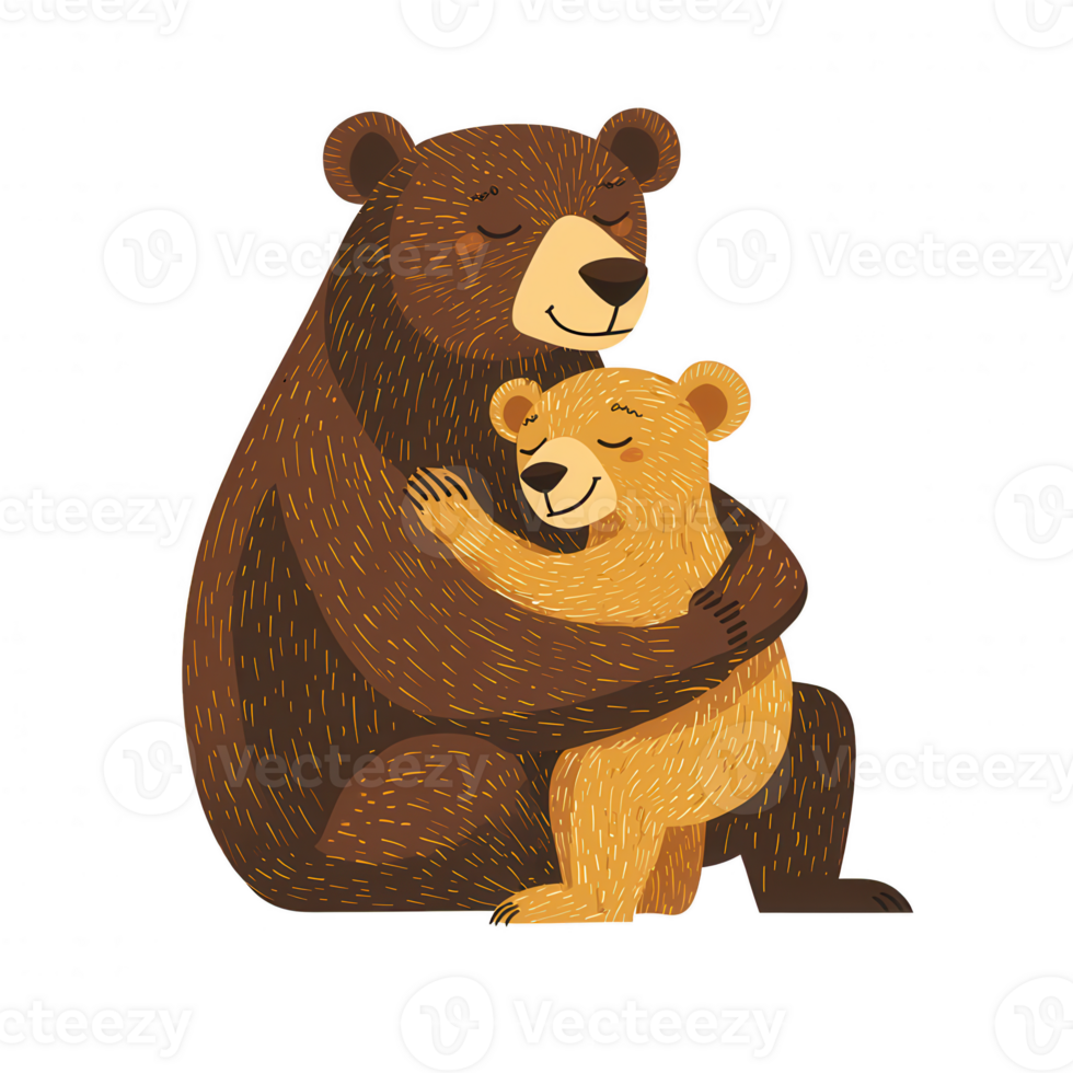 A heartwarming illustration of a mother bear and her cub sharing a loving embrace, showcasing the bond between them, perfect for nature or wildlife projects. png