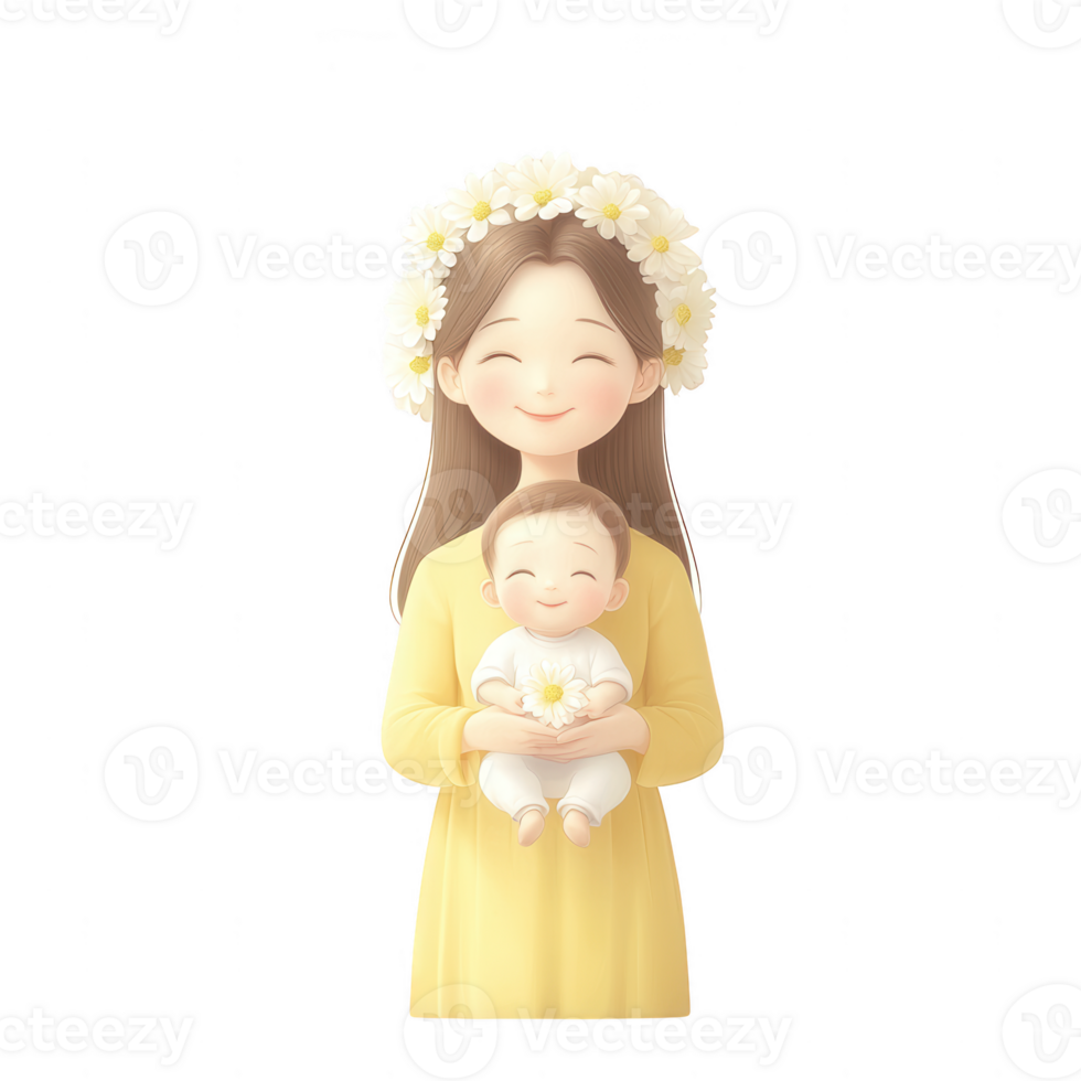A joyful mother holds her smiling baby in a loving embrace, both adorned with flowers. The scene expresses warmth, love, and a deep bond between parent and child. png