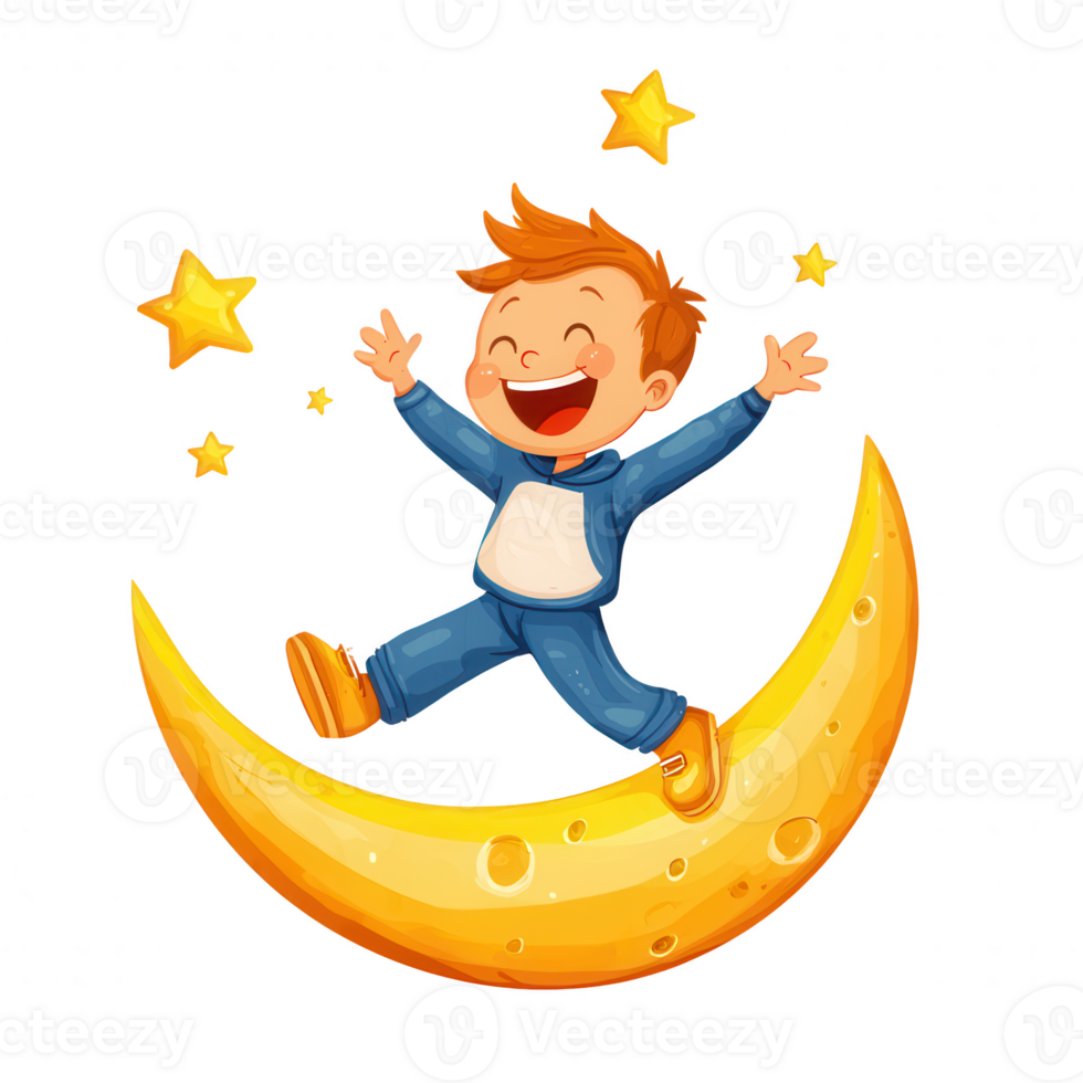 A joyful child jumping on a crescent moon surrounded by twinkling stars, evoking a sense of wonder and imagination, perfect for children's themes in illustrations. png