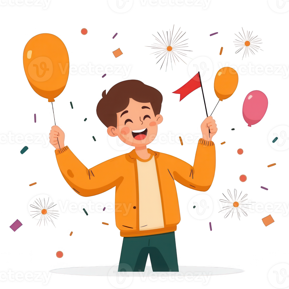 A joyful child holding colorful balloons and a flag amidst confetti and fireworks, creating a festive atmosphere. Perfect for celebrations and cheerful themes. png