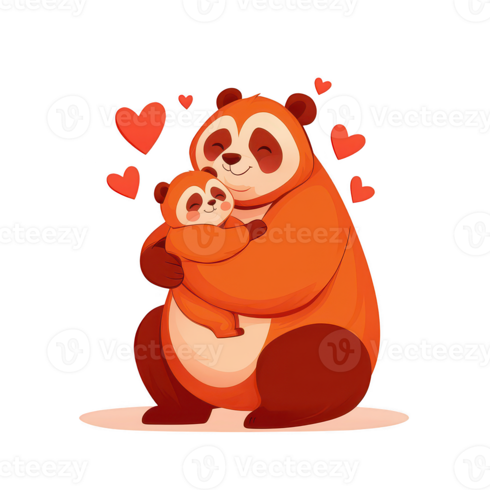A joyful mother panda holding her baby, surrounded by hearts on a white isolate background, symbolizing love and affection. png