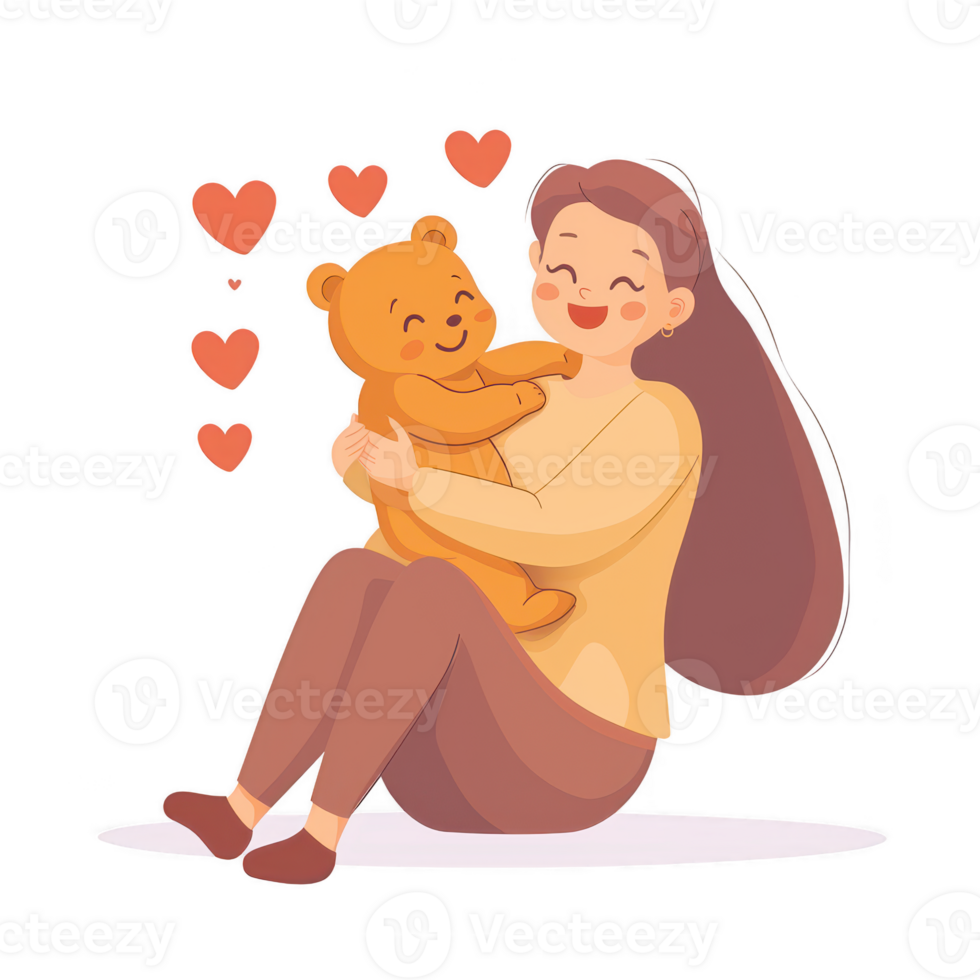 A joyful woman hugging a teddy bear, surrounded by hearts. This illustration captures warmth, love, and comfort in a playful, colorful style. png