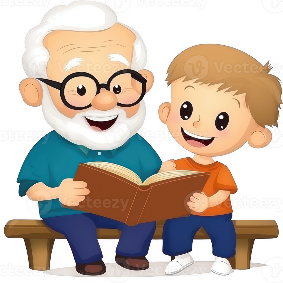 A joyful scene of a grandfather reading a book with his grandson, both smiling and sharing a moment of connection and learning. png