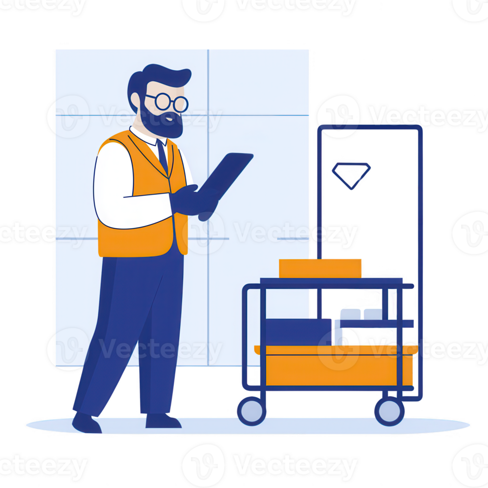 A man in a safety vest checks a clipboard while standing next to a cart filled with supplies, symbolizing organization and efficiency in a workplace setting. png