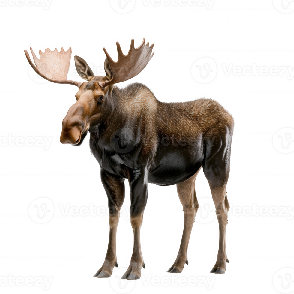A majestic moose stands gracefully against a white isolated background, showcasing its impressive antlers and strong physique, embodying the wild beauty of North America. png