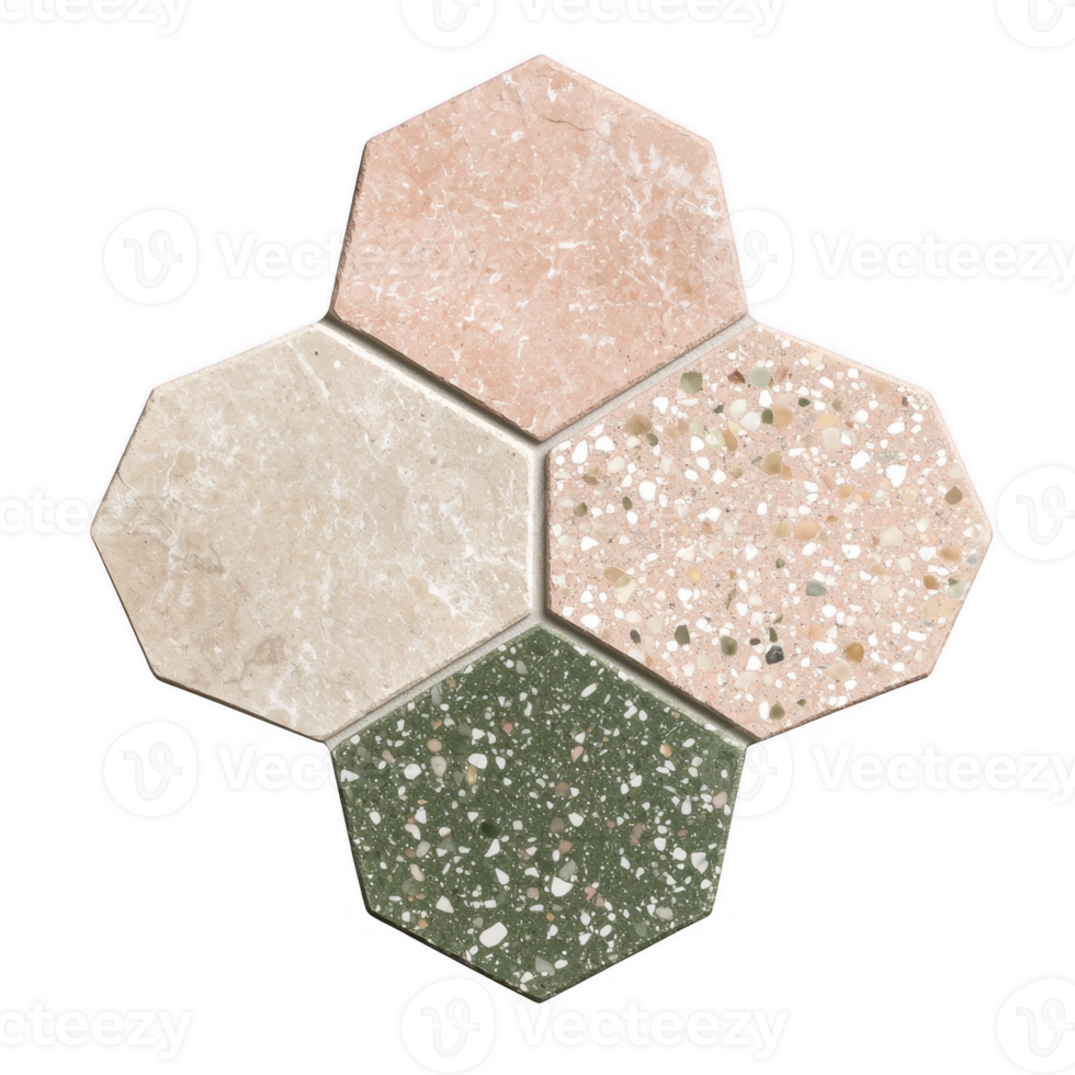 A modern hexagonal tile design featuring a combination of pink, green, and neutral tones, ideal for interior decoration and creative projects against a white isolate background. png