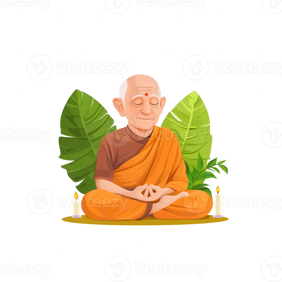A peaceful monk meditating amidst lush green leaves and candles, embodying tranquility and mindfulness against a white isolated background. png
