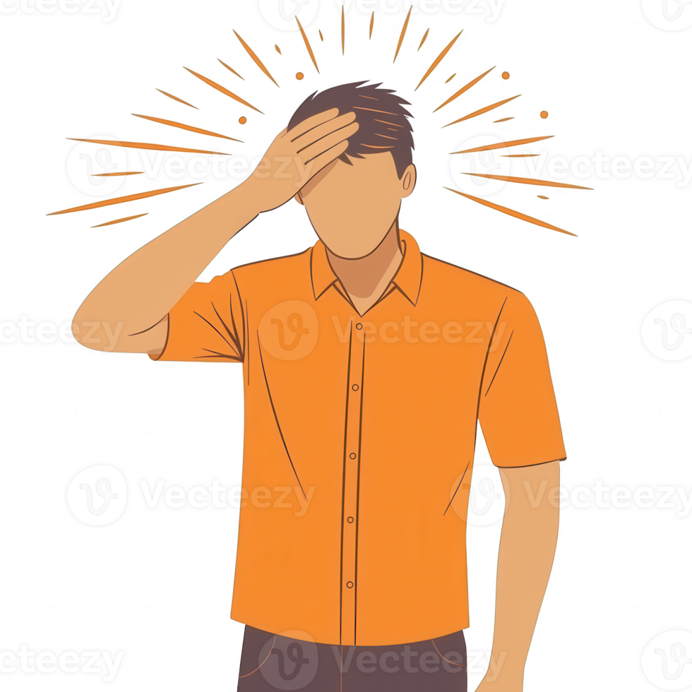 A person with a hand on their forehead, expressing frustration or stress. Vibrant orange shirt with abstract yellow rays radiating from the head against a white background. png