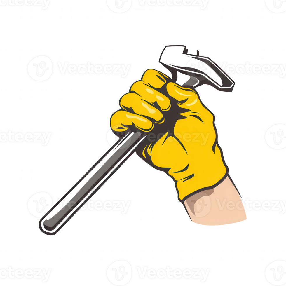 A powerful hand gripping a hammer, showcasing strength and readiness for construction tasks, on a white isolated background. png