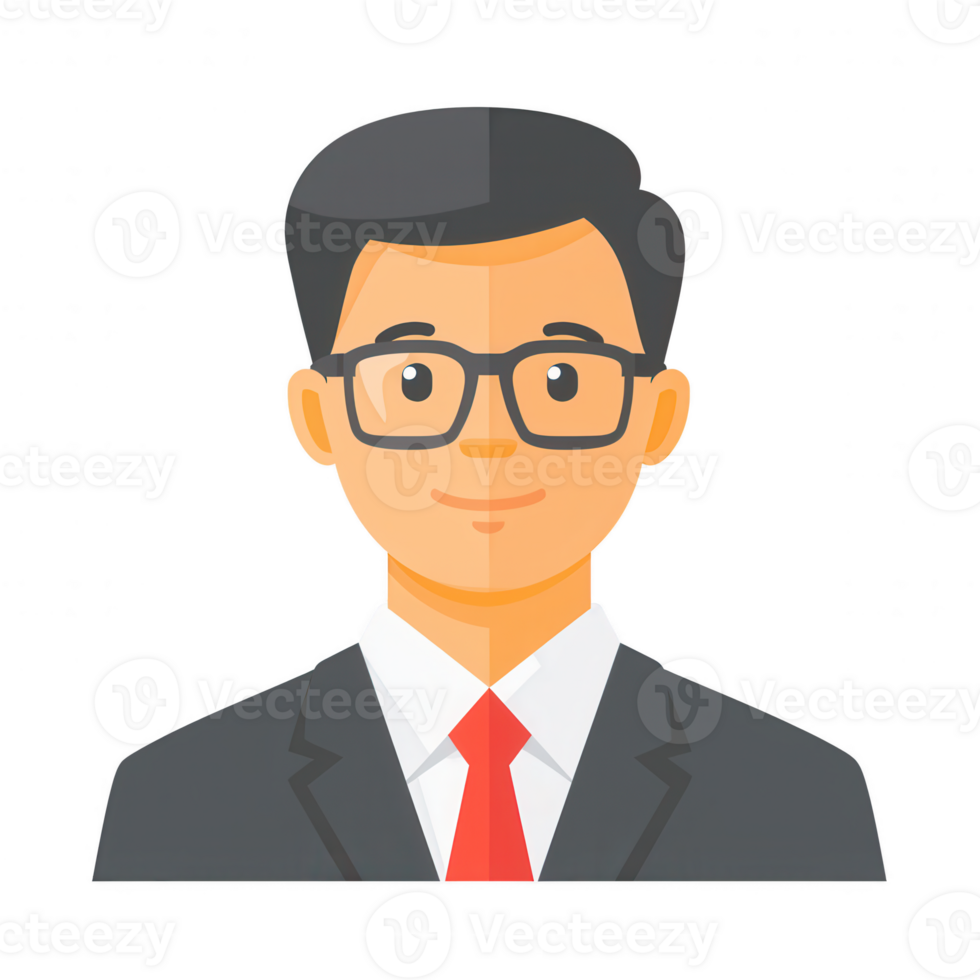 A professional-looking male character with glasses, wearing a suit and tie. Ideal for representing business or corporate themes. png
