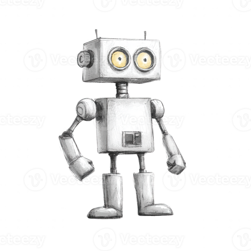 A playful vintage robot featuring a square body, round eyes, and mechanical limbs, perfect for various creative projects. A unique design capturing the essence of retro robotics. png