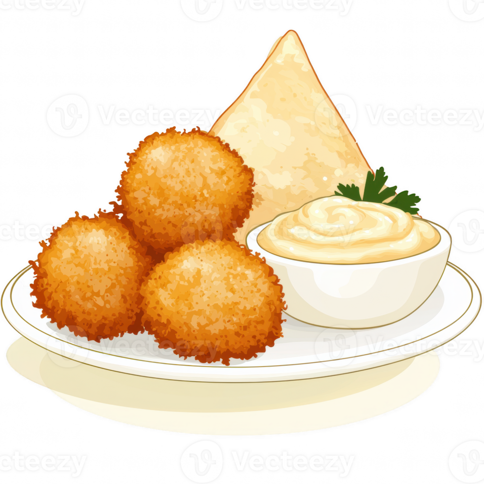 A plate serving crispy golden croquettes with a side of creamy sauce and a triangular samosa, perfect for appetizers and snacks. png