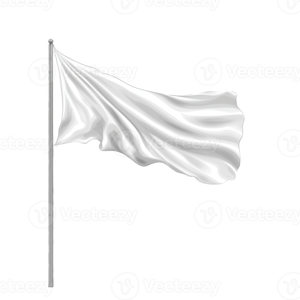 A realistic depiction of a white flag waving on a pole, symbolizing peace or truce, set against a transparent background for versatile use in designs. png