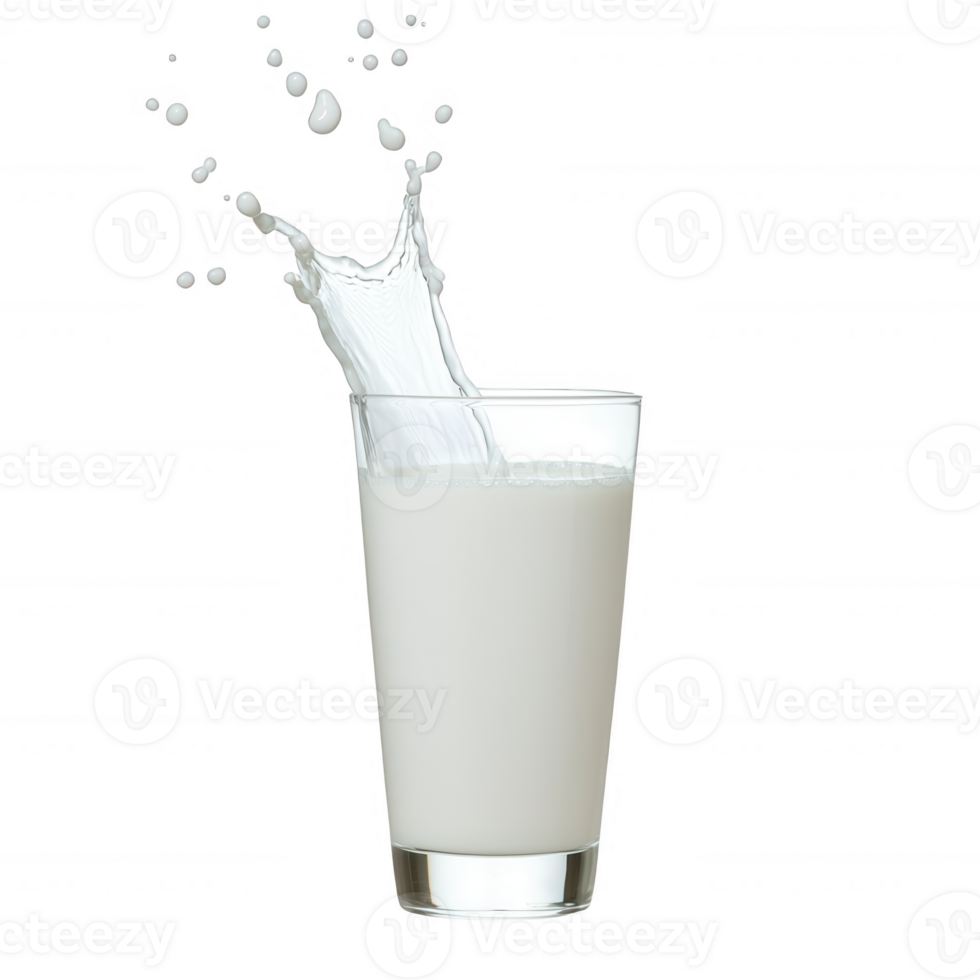 A refreshing glass of milk splashing, isolated on a white background. Perfect for promoting health, nutrition, and dairy products. png