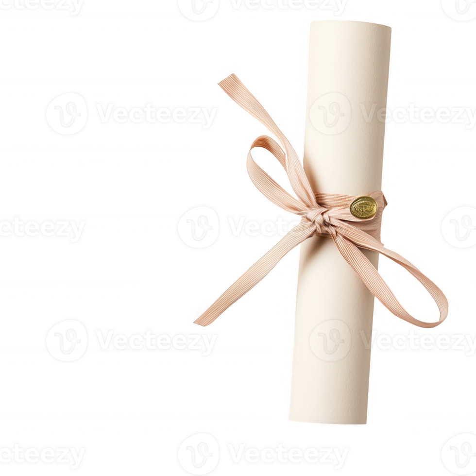 A rolled diploma tied with a soft ribbon, symbolizing achievement and success, on a white isolated background. png