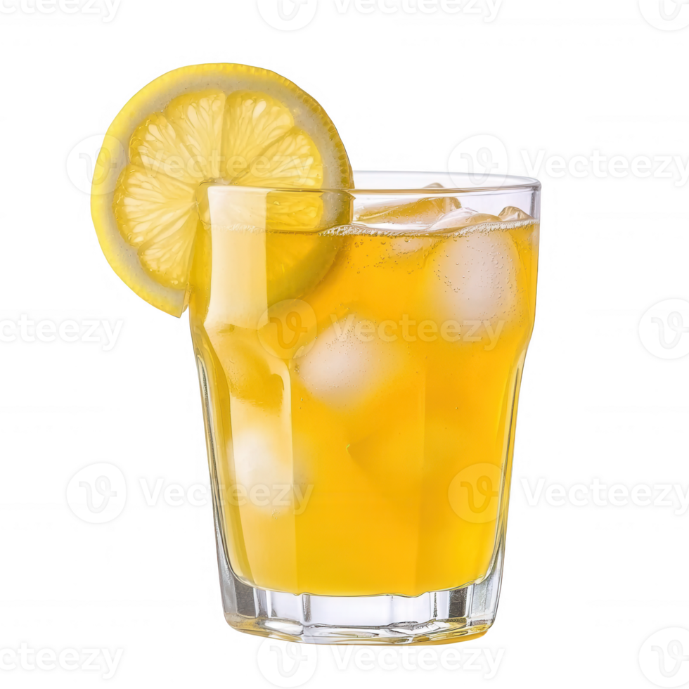 A refreshing glass of orange beverage with ice, garnished with a slice of lemon, isolated on a white background. png