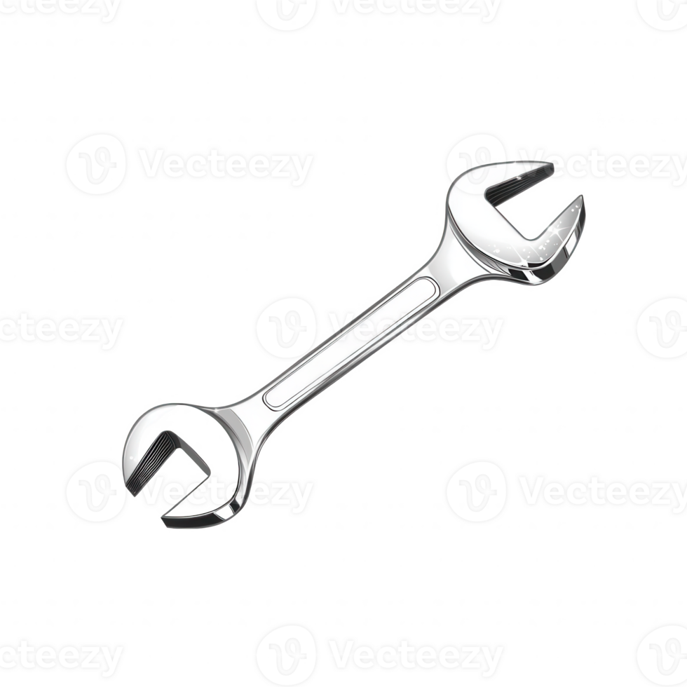 A shiny steel wrench with clean lines, designed for mechanical work, isolated on a white background, perfect for showcasing tools and equipment. png