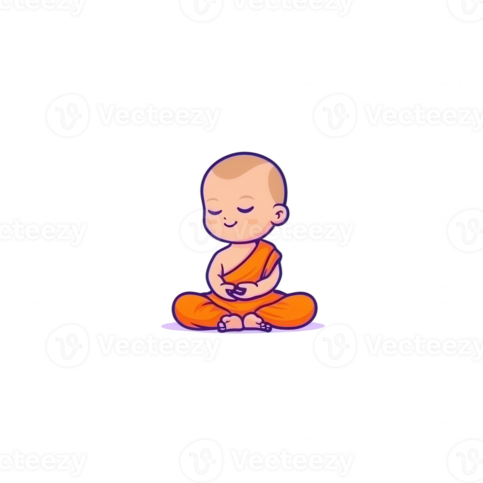A serene cartoon monk in a meditative pose, wearing an orange robe, symbolizing peace and mindfulness, ideal for wellness and spiritual themes. png