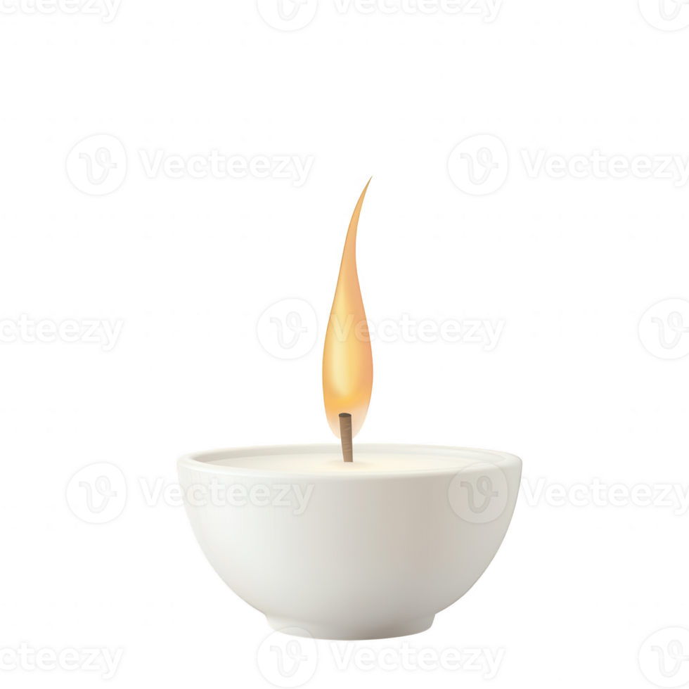 A serene image of a candle in a simple white bowl, featuring a warm flame that symbolizes peace and tranquility. Ideal for relaxation or meditation themes. png