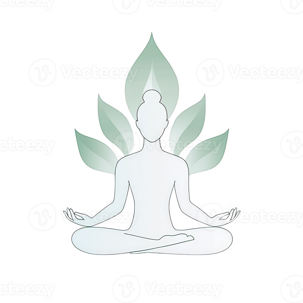 A serene figure meditating with leaf-like accents, symbolizing tranquility and holistic well-being on a clean white background. png