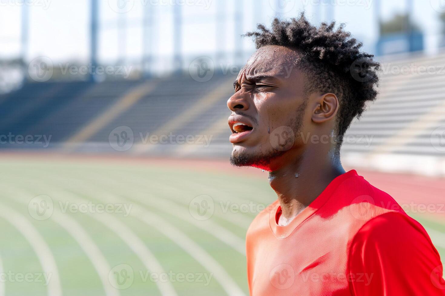 A man with a red shirt on is standing on a track photo