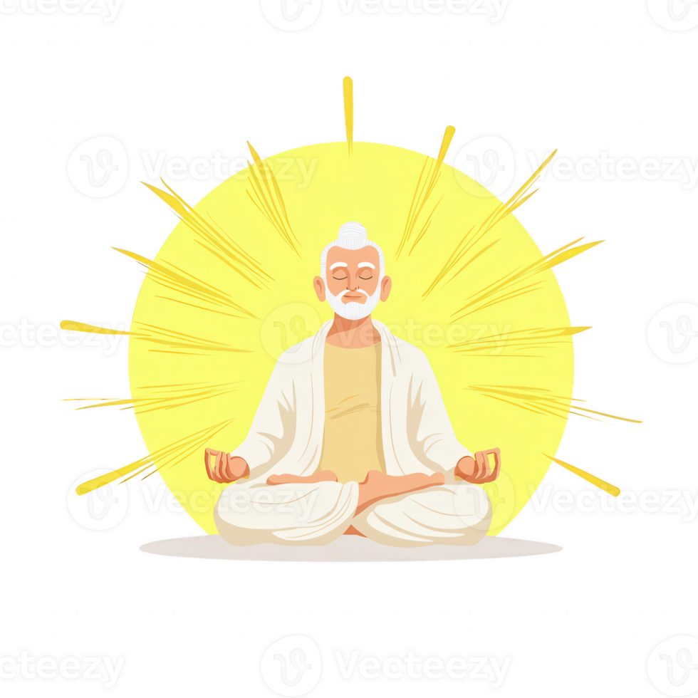 A serene figure meditating in a lotus position, surrounded by a radiant sunburst, symbolizing peace and enlightenment. Ideal for wellness and mindfulness themes. png