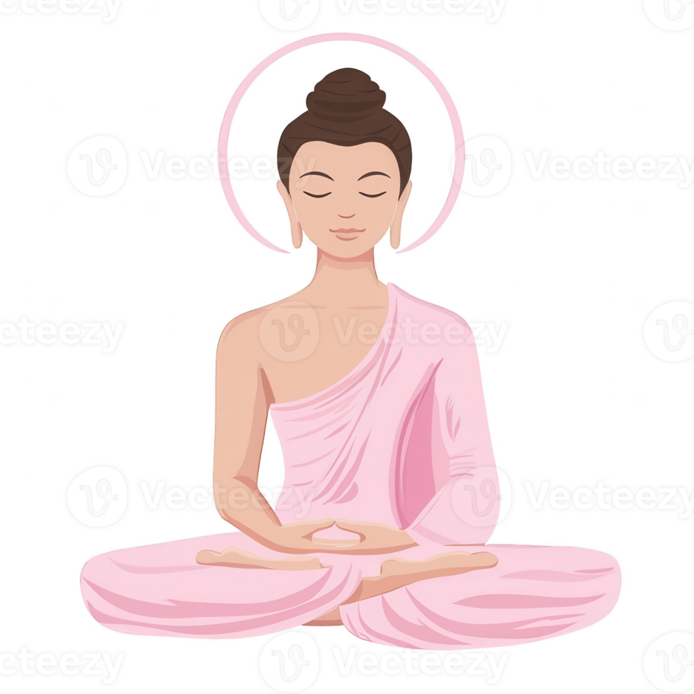 A serene illustration of a seated Buddha figure in a pink robe, embodying tranquility and mindfulness, perfect for spiritual themes. png