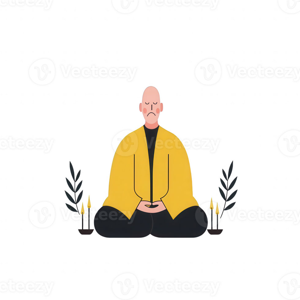 A serene monk in meditation, wearing a traditional yellow robe, surrounded by candles and foliage, representing peace and mindfulness. png