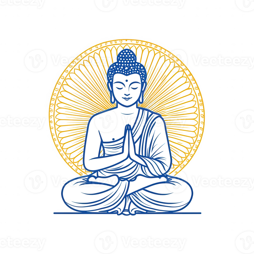 A serene Buddha sculpture in a meditative posture, surrounded by a radiant halo, symbolizing peace and enlightenment against a minimalist background. png