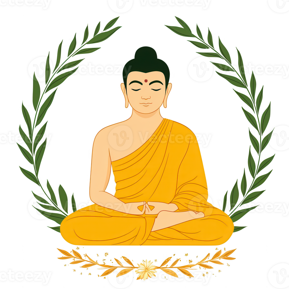 A serene illustration of a meditating figure, adorned in traditional attire, encompassed by a circle of leaves, symbolizing peace and enlightenment. png