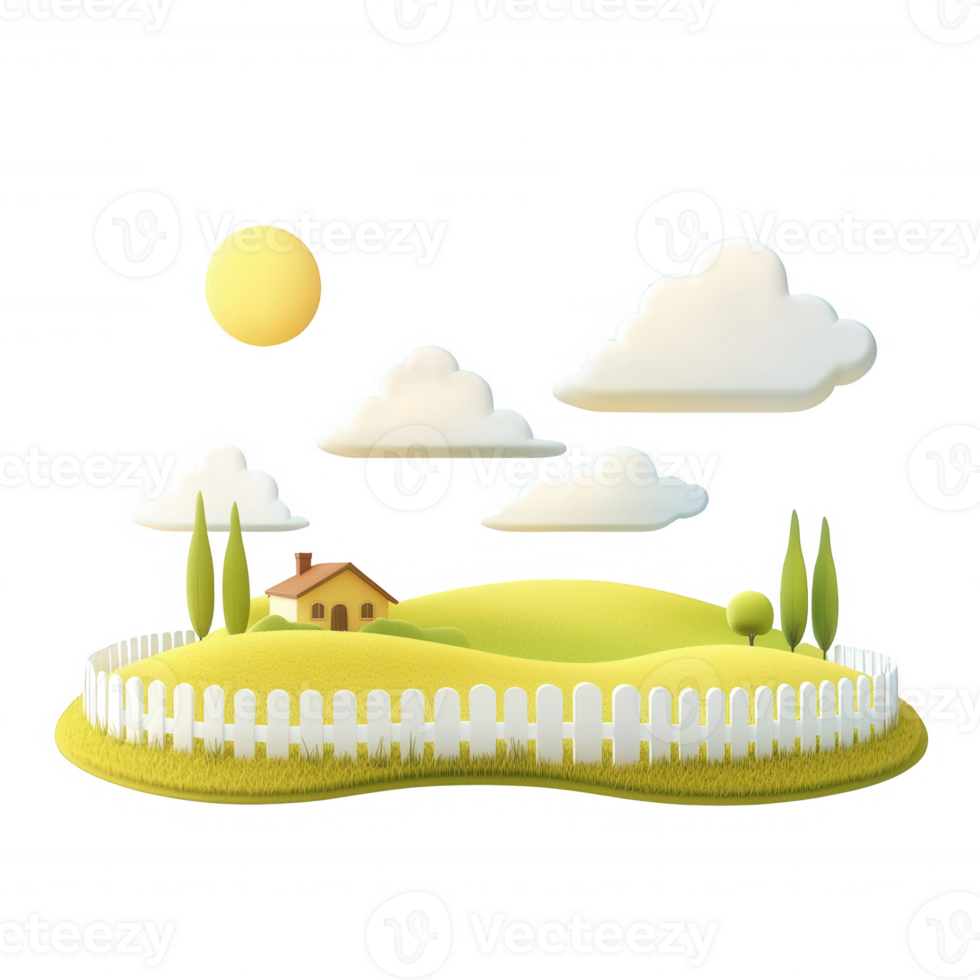 A serene landscape featuring rolling hills, a quaint house, fluffy clouds, and a bright sun, enclosed by a white picket fence, creating a peaceful countryside scene. png