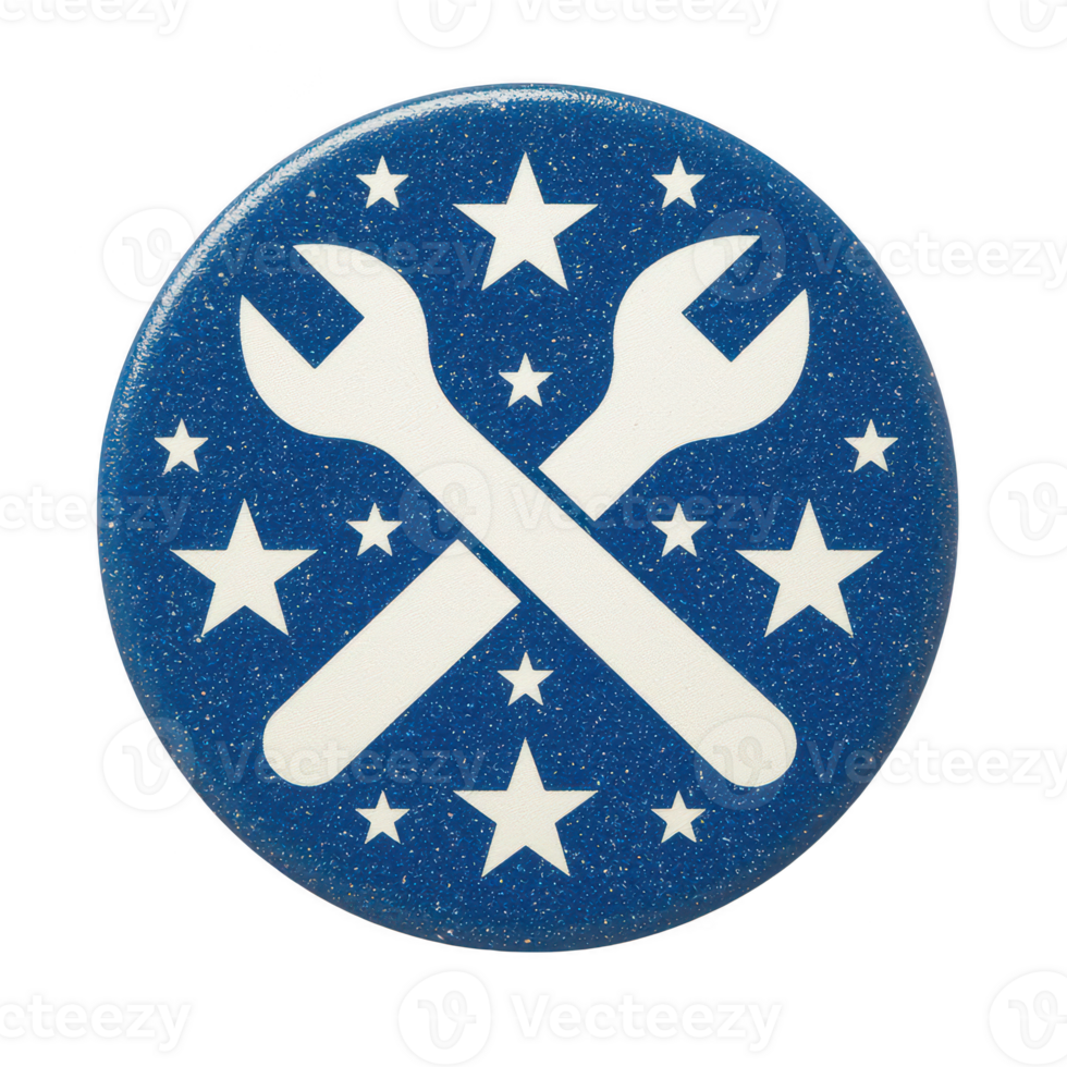A round badge featuring crossed wrenches and stars, designed with a striking blue glitter background. Ideal for tools, mechanics, and DIY projects. png
