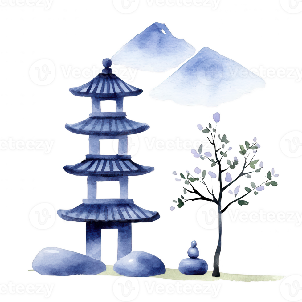 A serene watercolor illustration showcasing a traditional pagoda surrounded by mountains and a blossoming tree, evoking tranquility and cultural heritage. png
