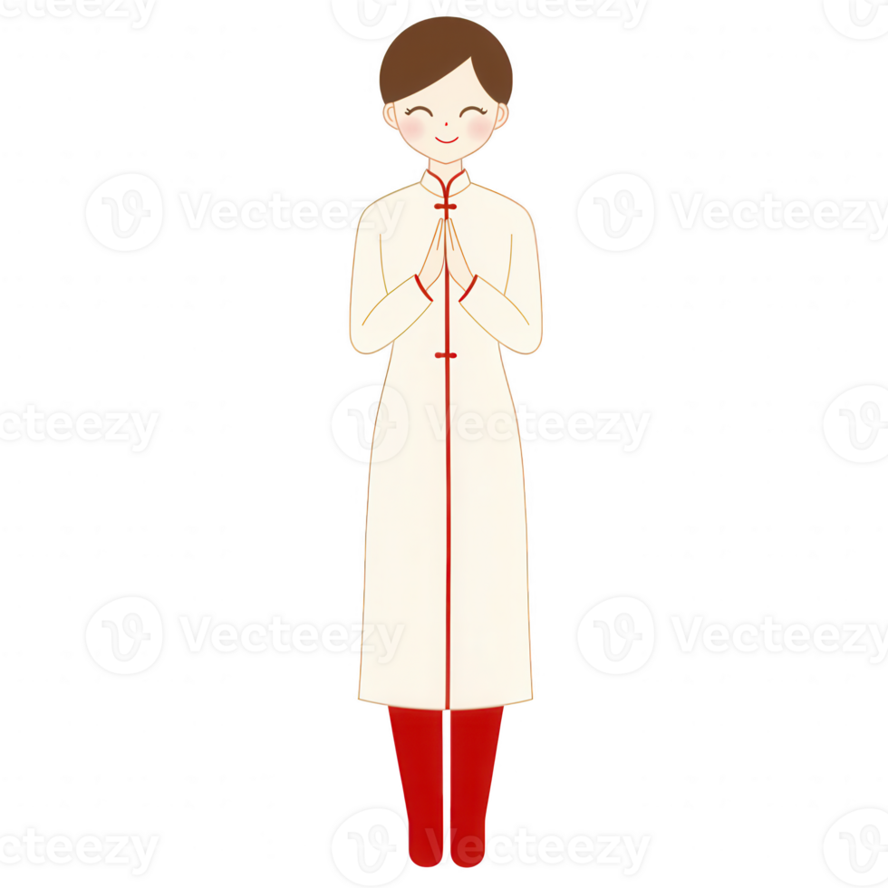 A simple illustration of a person in traditional attire, standing with hands together in a gesture of respect. The background is white, emphasizing the cultural significance. png