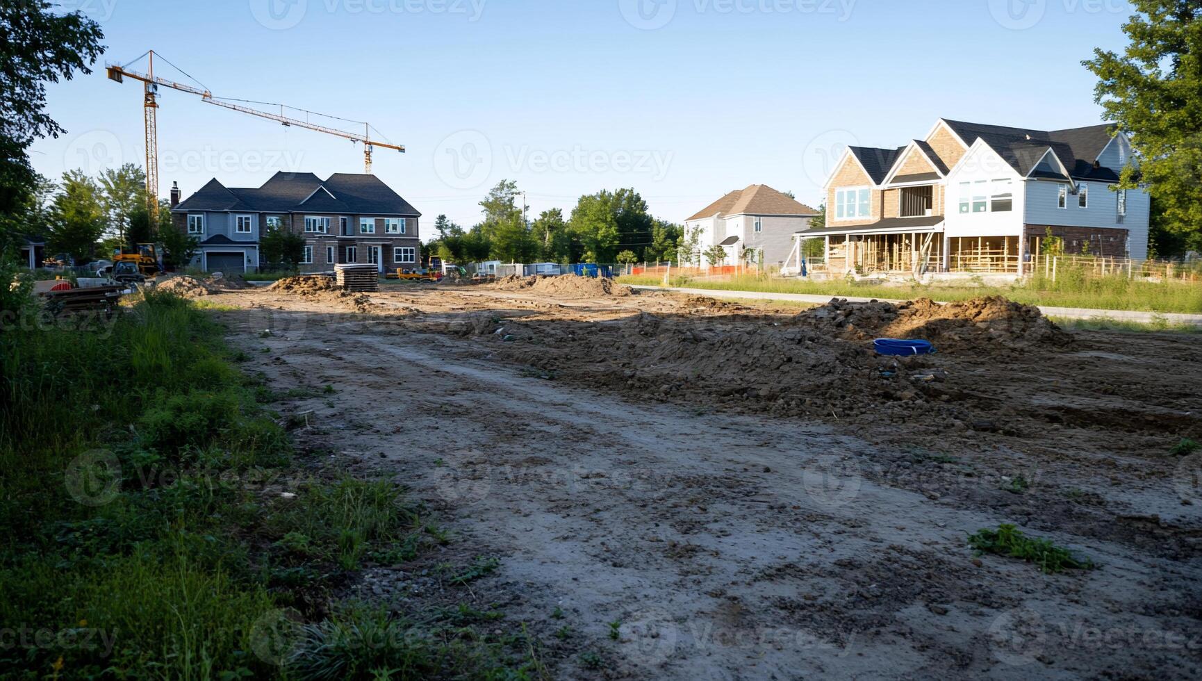 A dirt road with a house under construction in the background photo
