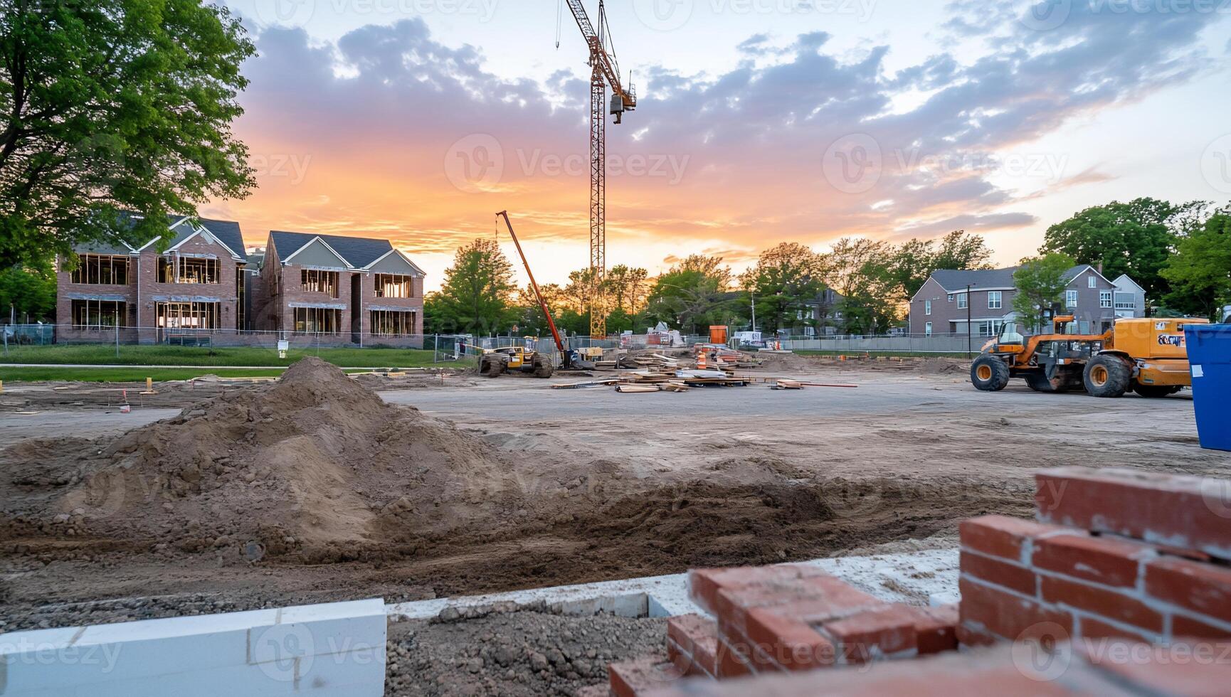 Construction site with a crane and a brick wall photo