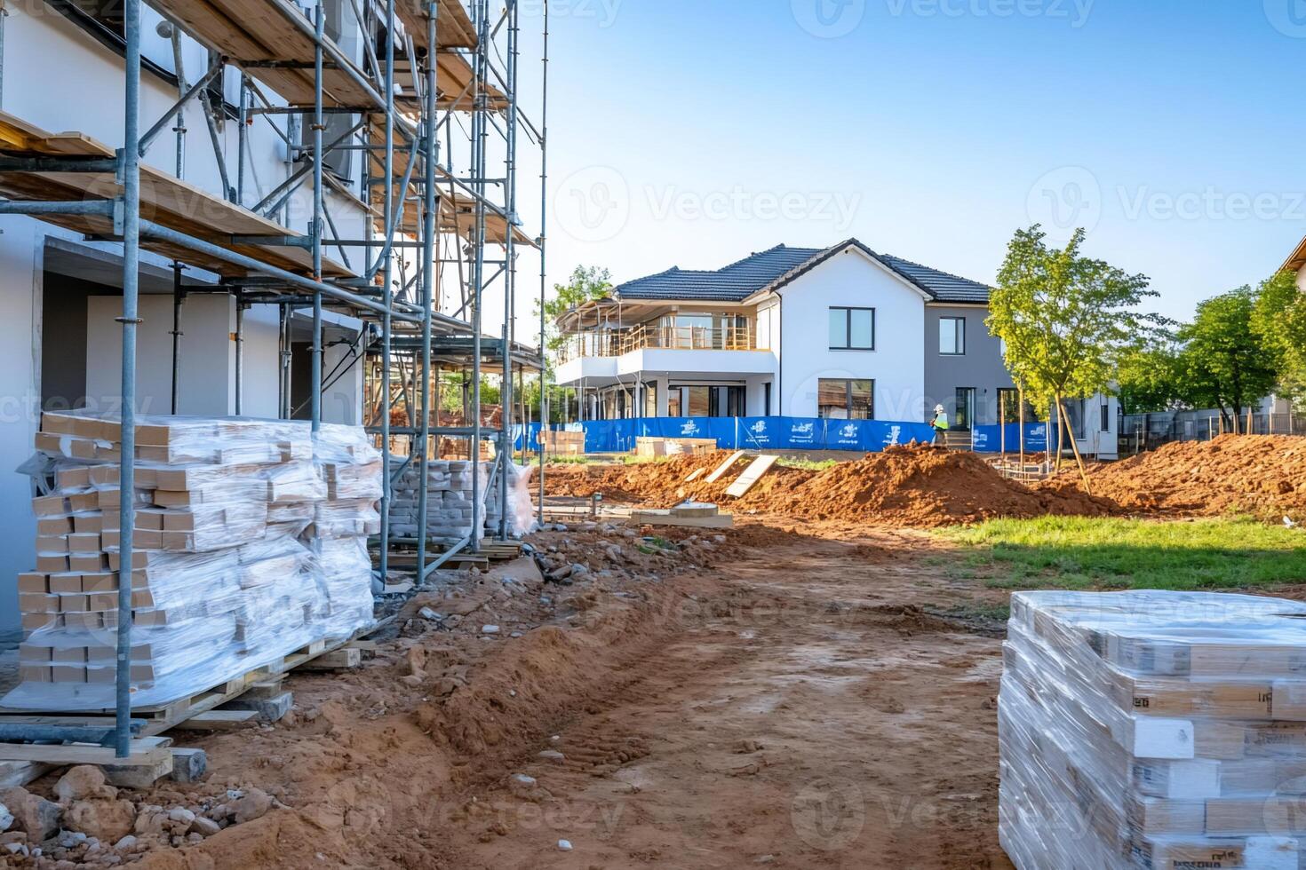 A house under construction with a lot of construction materials photo