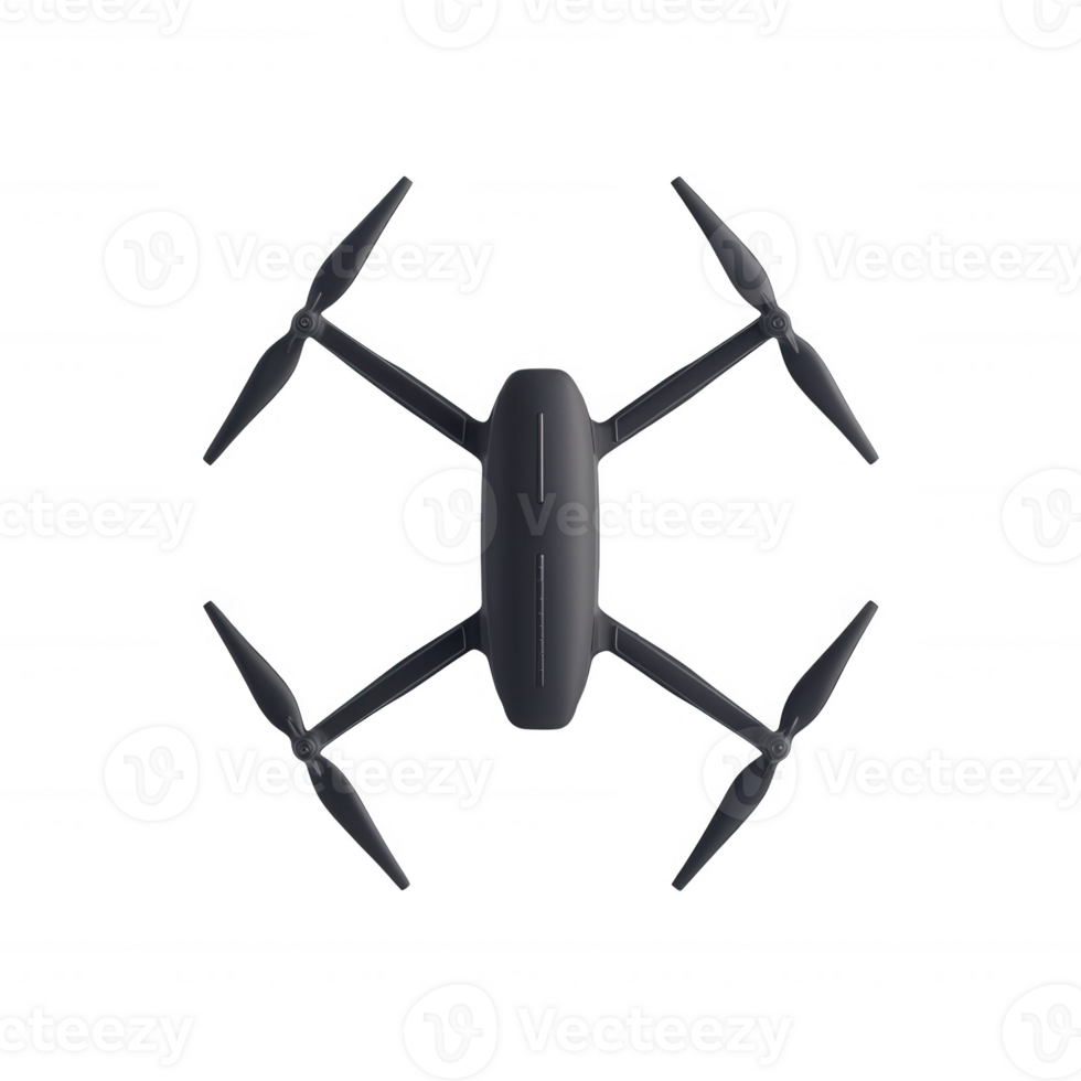 A sleek black drone viewed from above, showcasing its propellers and body design against a clean white background. png
