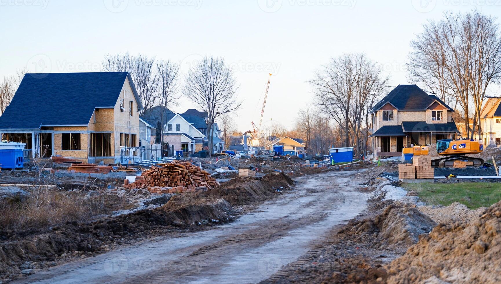 A dirt road with construction equipment and houses photo