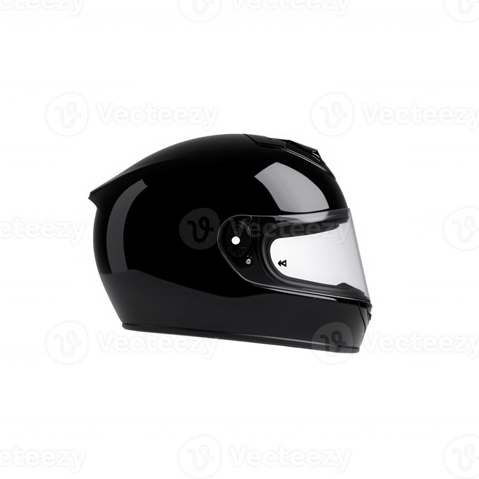 A sleek black motorcycle helmet with a glossy finish and transparent visor, isolated on a white background, perfect for safety and style in biking. png