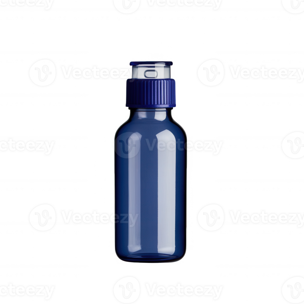 A sleek blue bottle with a screw top, perfect for packaging liquids or cosmetics. Isolated on a white background for clean presentation. png