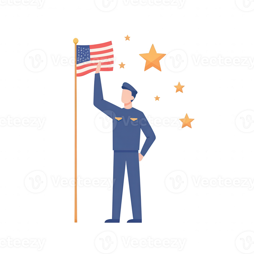 A soldier holding the American flag, symbolizing patriotism and national pride. Stars surround the figure, representing freedom and unity. White isolated background enhances focus. png