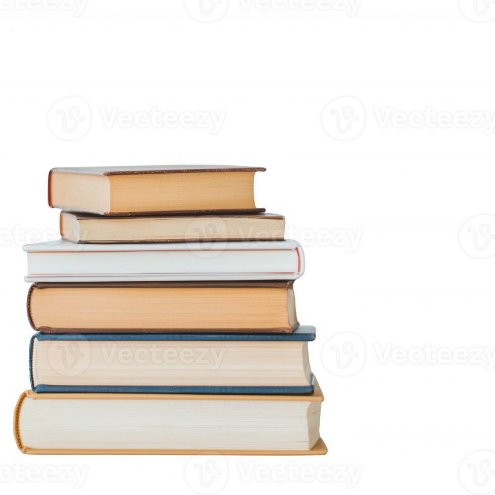 A stack of various books with different bindings and colors, showcasing knowledge, study, and literacy, isolated on a white background. png