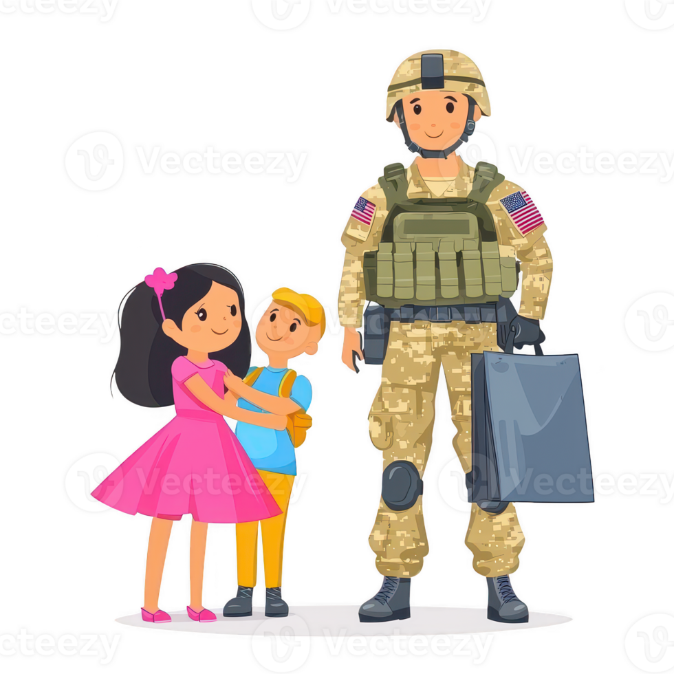 A soldier stands proudly with two children, a boy and a girl, who show affection towards him png
