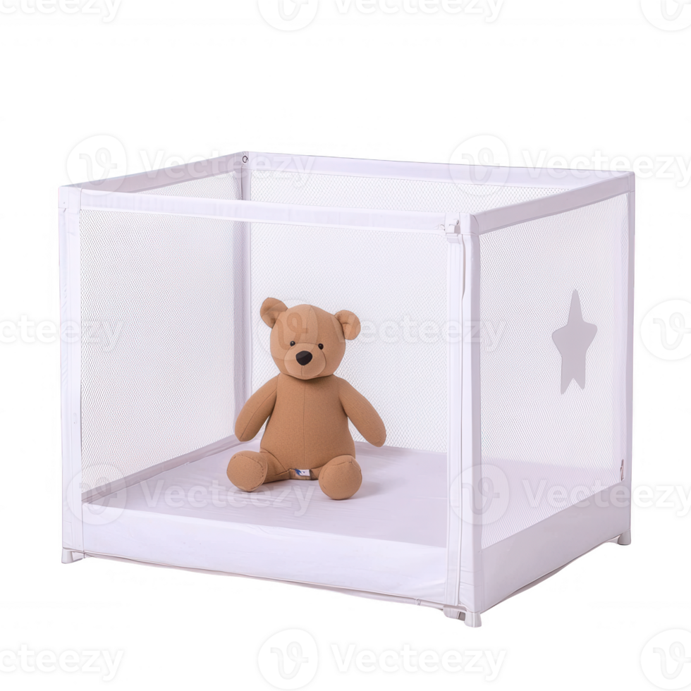 A soft teddy bear sits inside a white mesh playpen, creating a safe space for toddlers. Ideal for children's rooms and playful environments. png