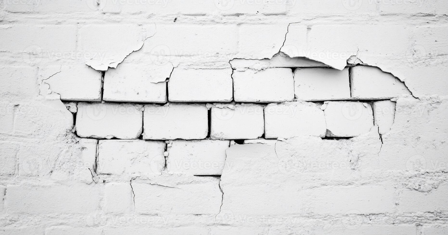 A black and white photo of a brick wall with a hole in it
