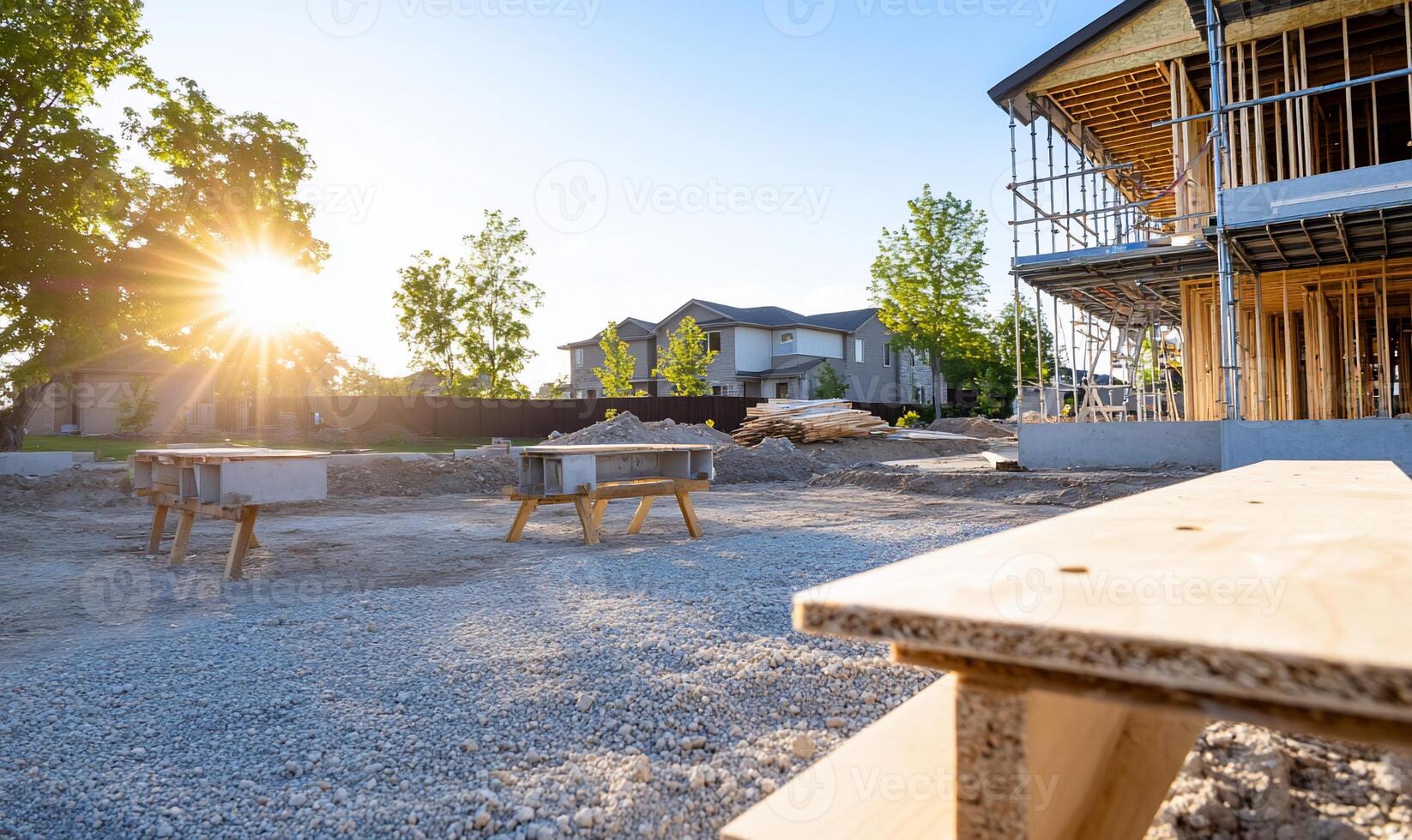 A construction site with wooden benches and a house under construction photo