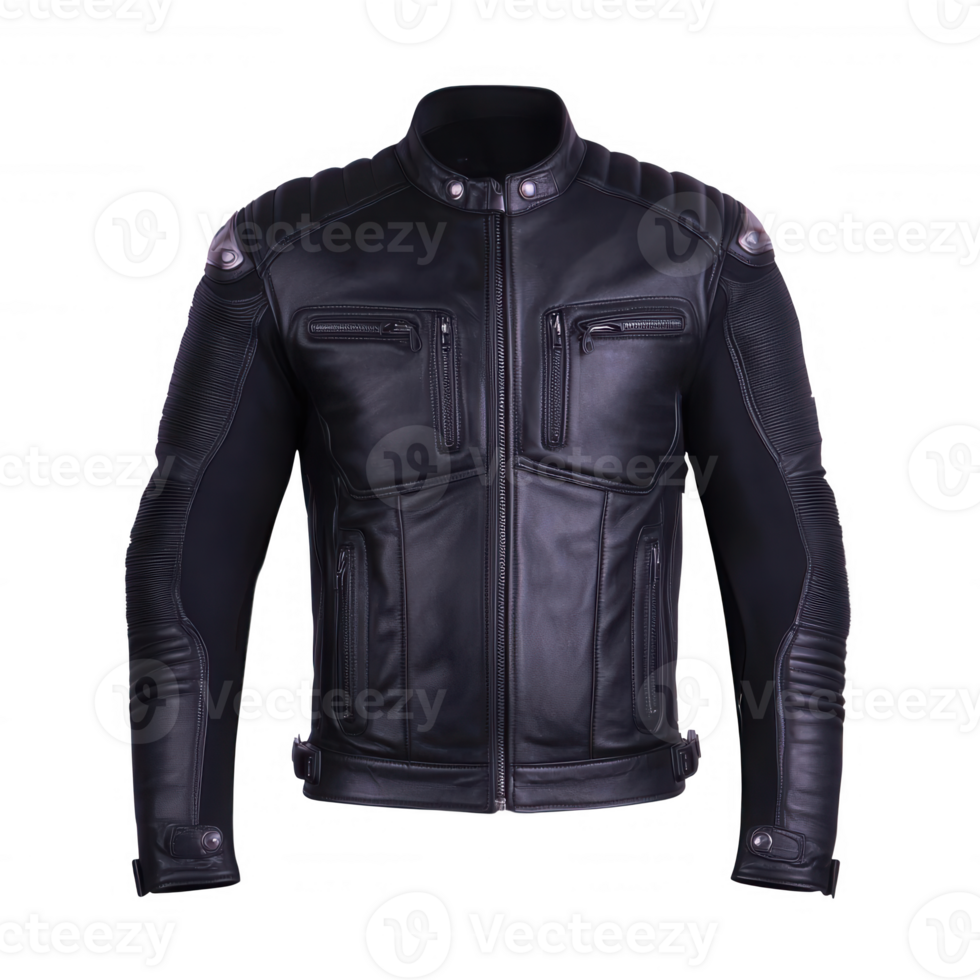 A stylish black leather jacket designed for bikers and fashion enthusiasts. Perfect for enhancing any outfit, this jacket features sleek lines and durable materials. png