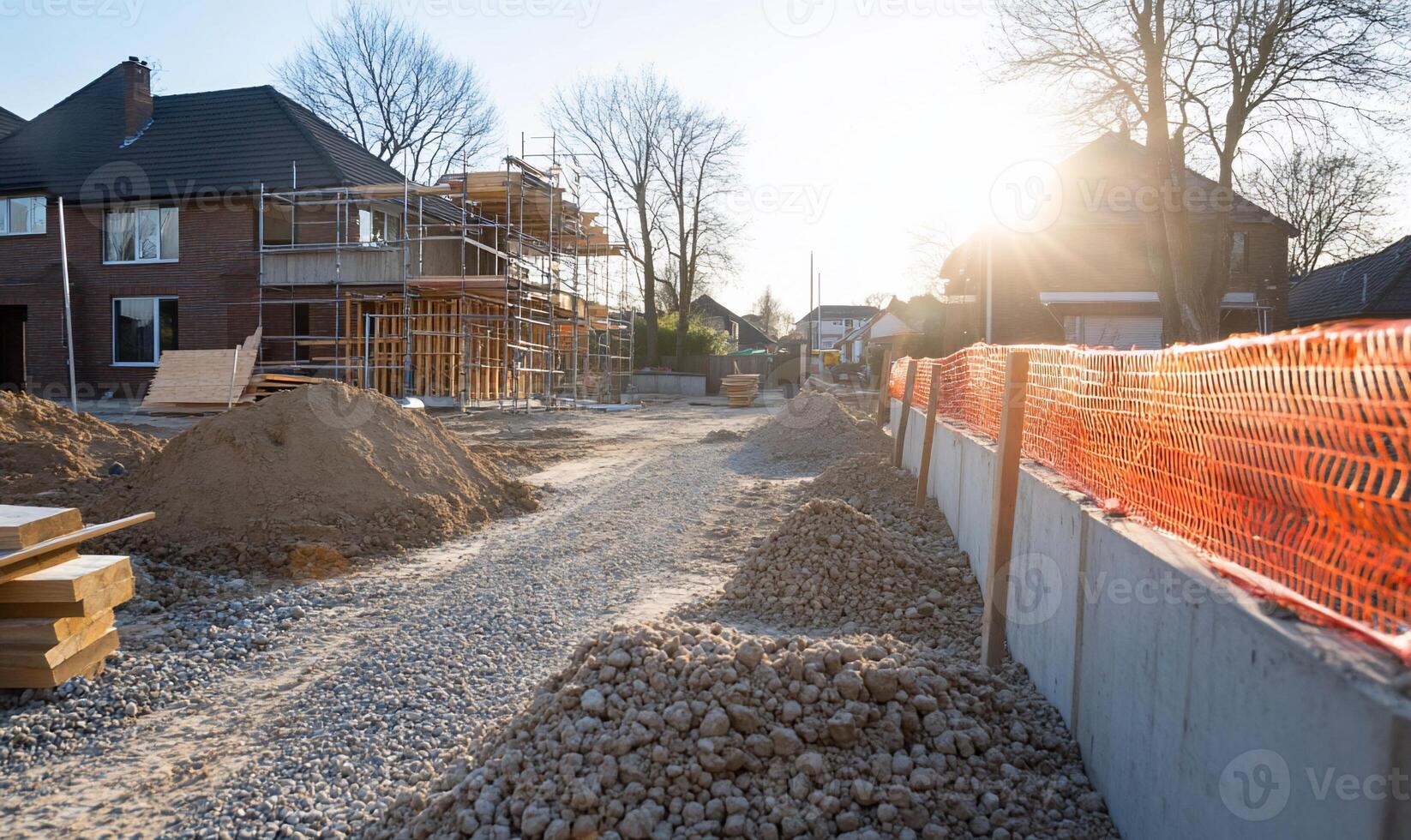 A construction site with a fence and orange netting photo